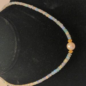 Ethiopian Opal & Pearl Necklace Choker, Genuine Glowing Gemstone, Gold Filled